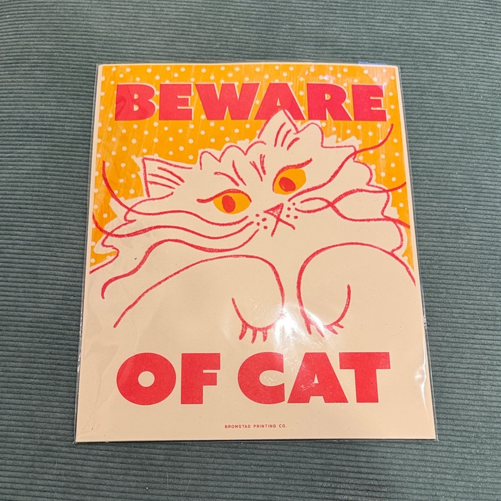 Beware of Cat Handcrafted Decorative Print Red & Yellow new with tags